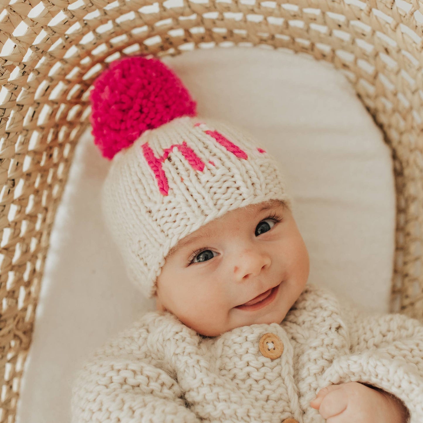 Hi. Neon Pink Hand Knit Beanie Hat Baby & Kids