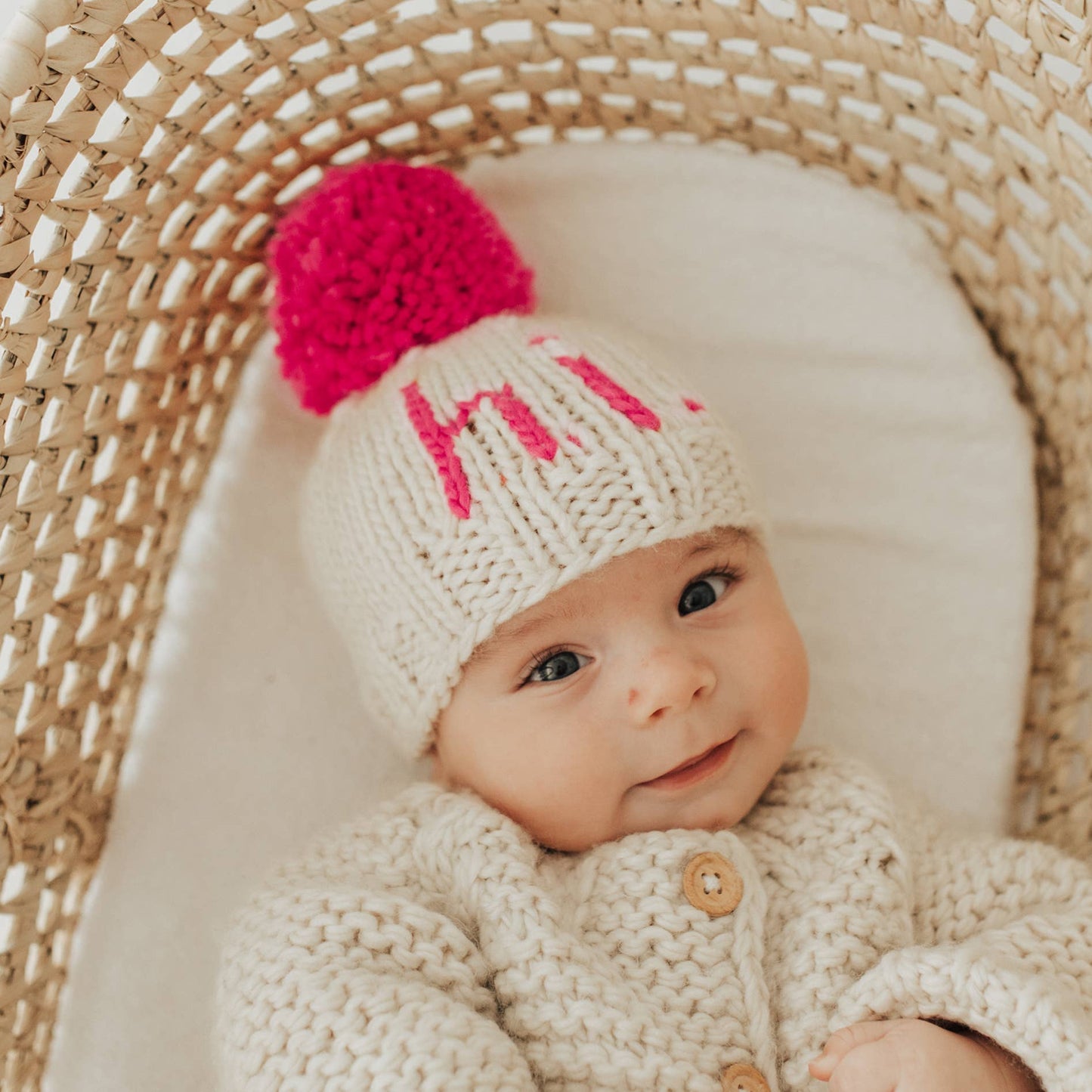 Hi. Neon Pink Hand Knit Beanie Hat Baby & Kids