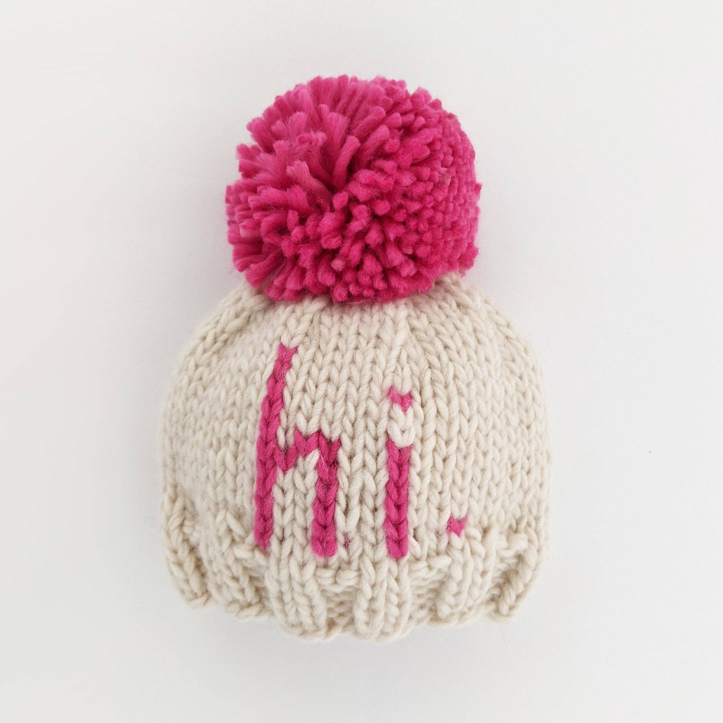 Hi. Neon Pink Hand Knit Beanie Hat Baby & Kids